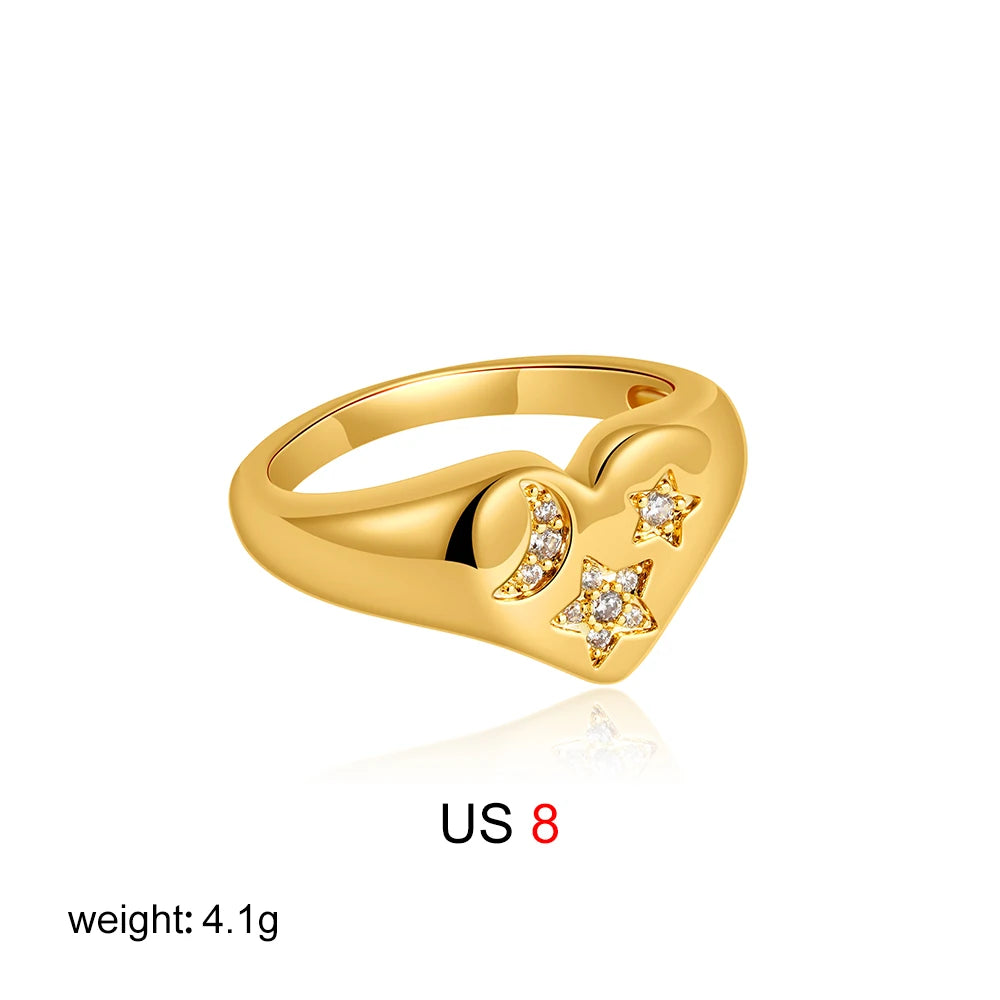 Zircon Inlaid Star & Moon Heart Ring