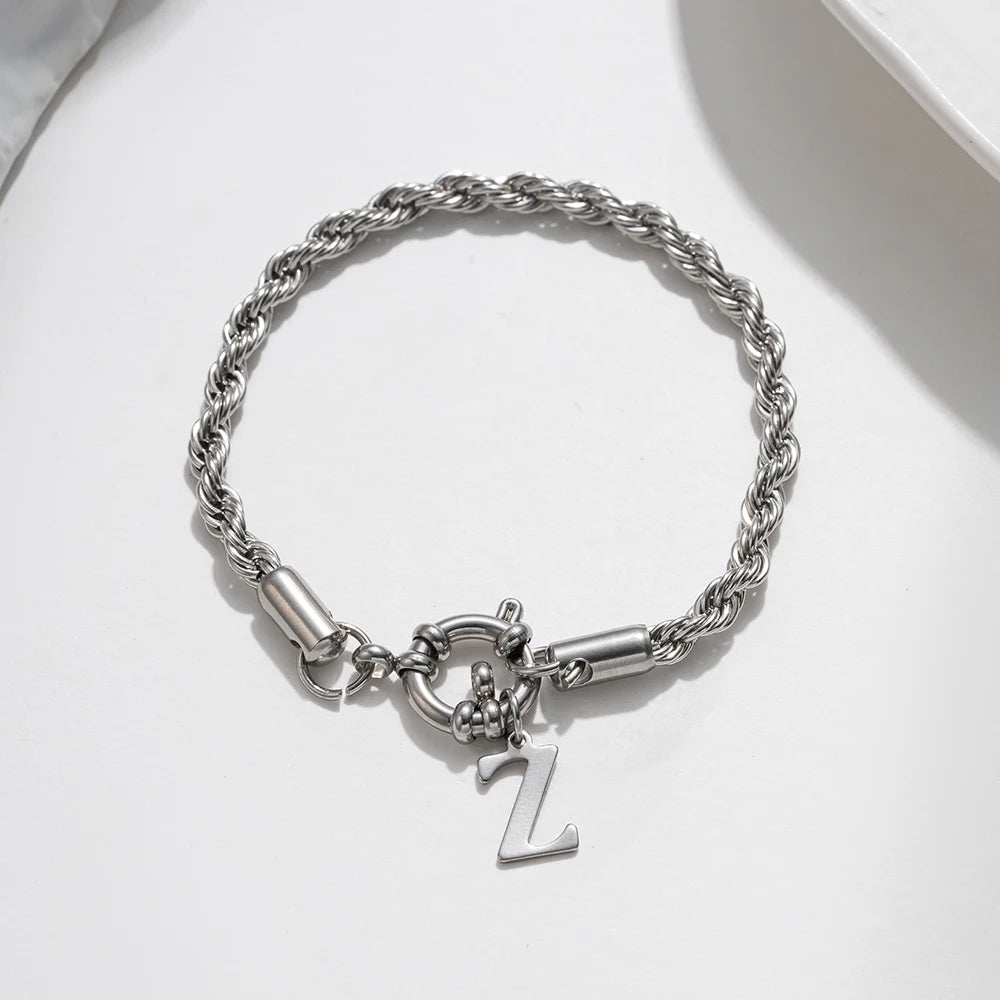 Twist Rope Chain Stainless Steel Bracelet – 4mm A–Z Letter Charm