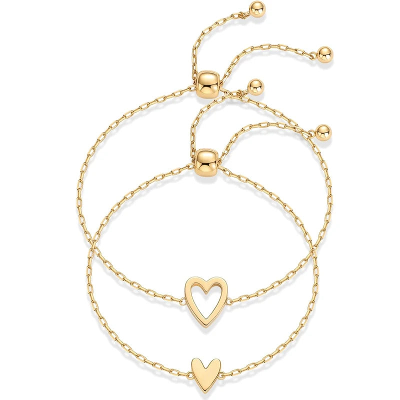 14K Gold Plated Matching Heart Charm Bracelet Set for Women