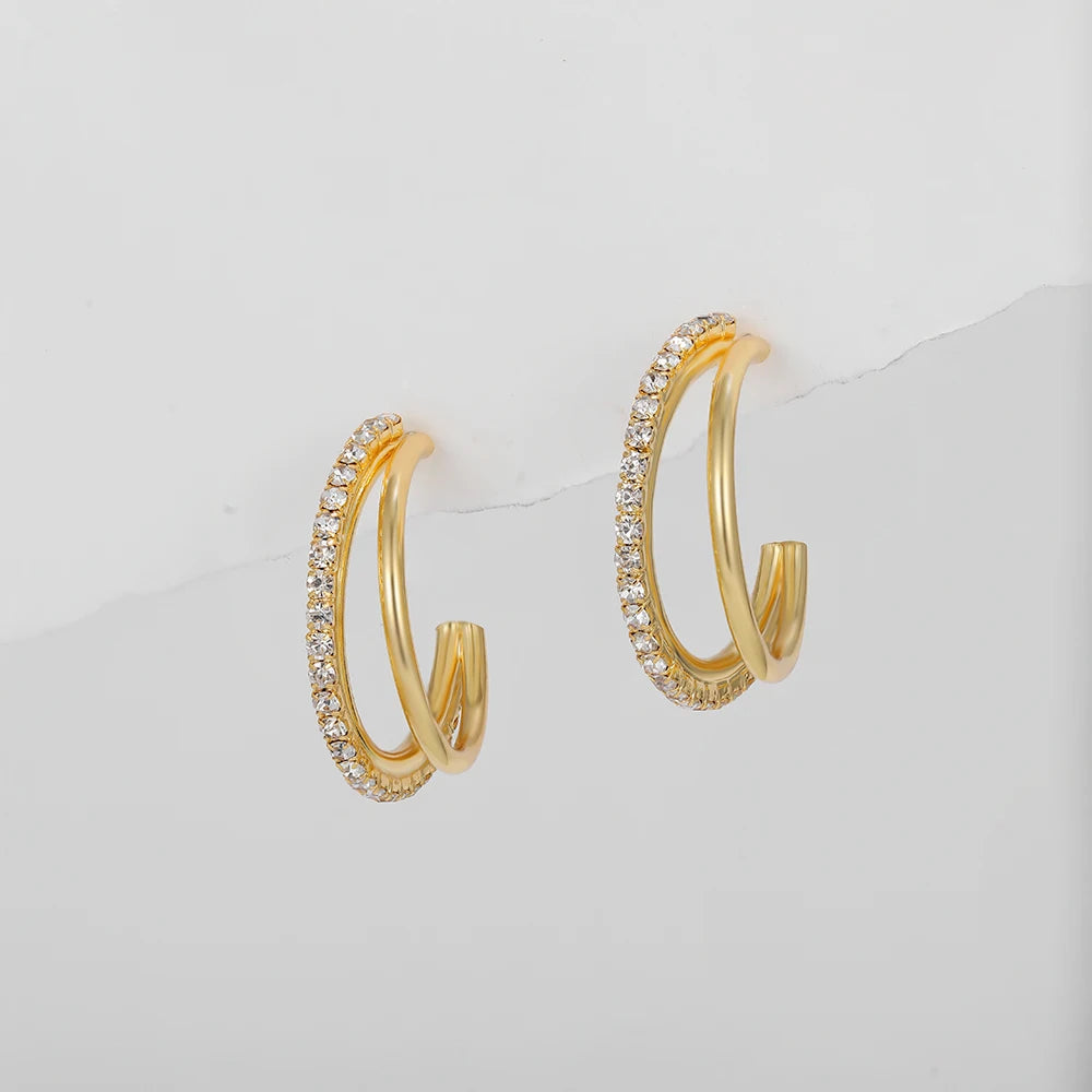 Gold Plated Double-Layer Cubic Zirconia Hoop Earrings