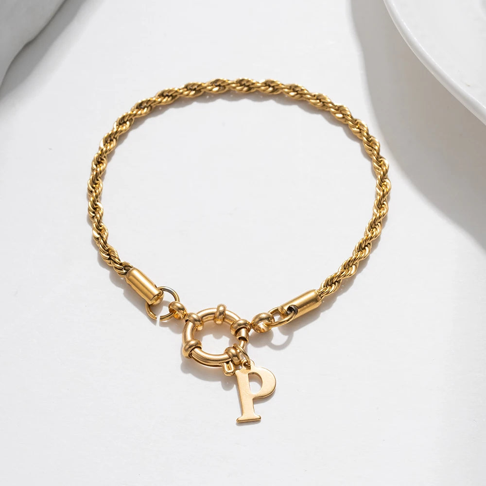 Twist Rope Chain Stainless Steel Bracelet – 4mm A–Z Letter Charm