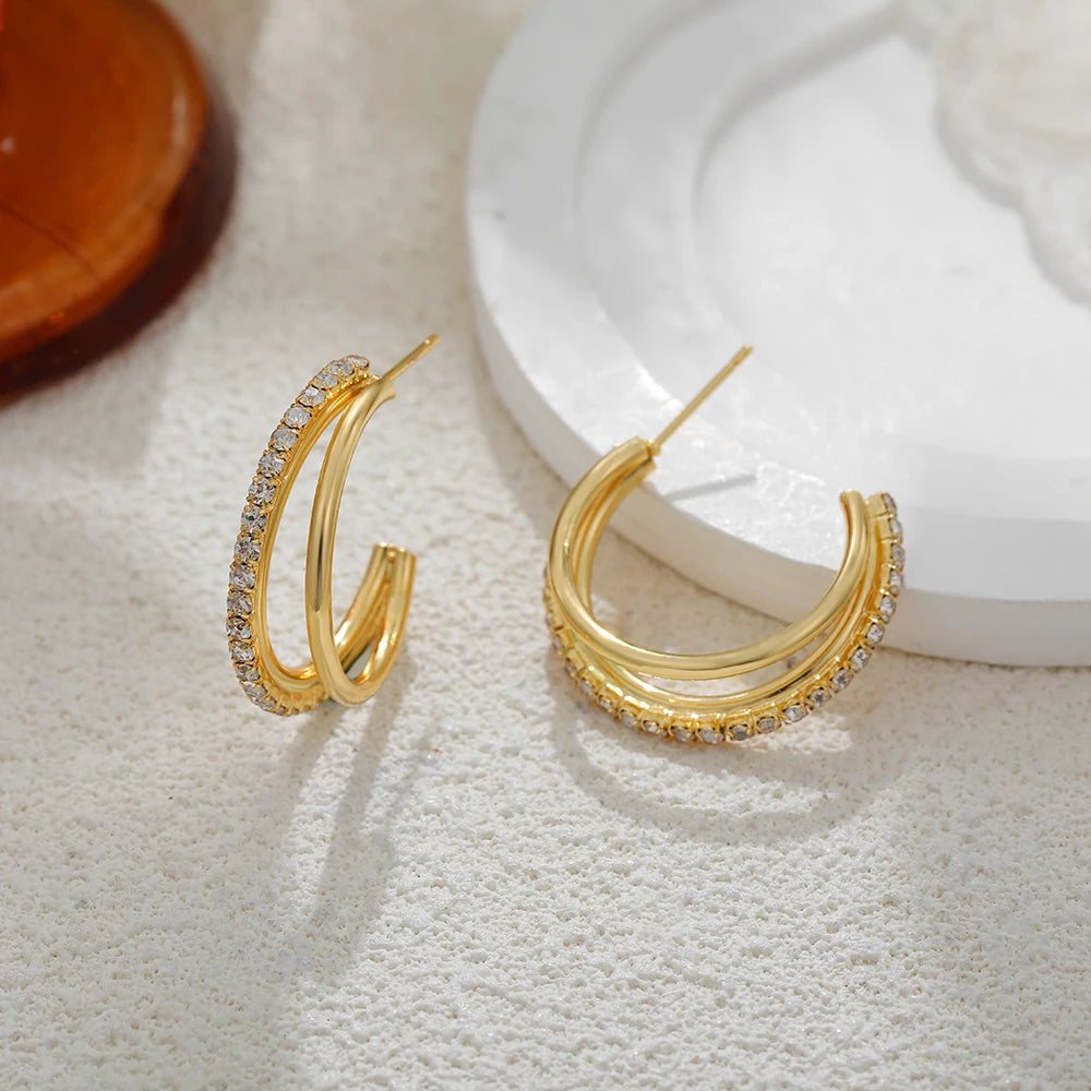 Gold Plated Double-Layer Cubic Zirconia Hoop Earrings