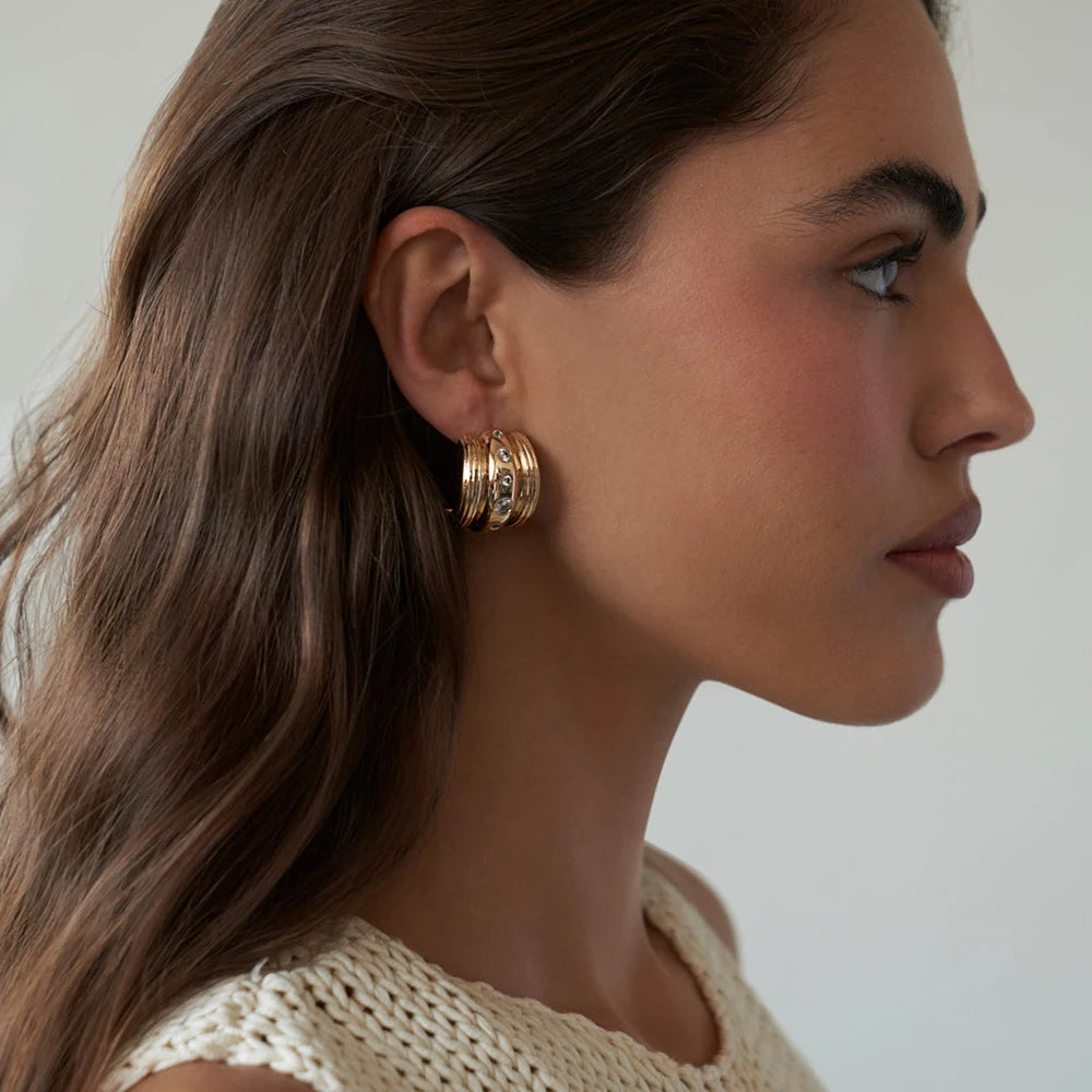 Striped Triple-Layer Arch Zircon Huggie Earrings