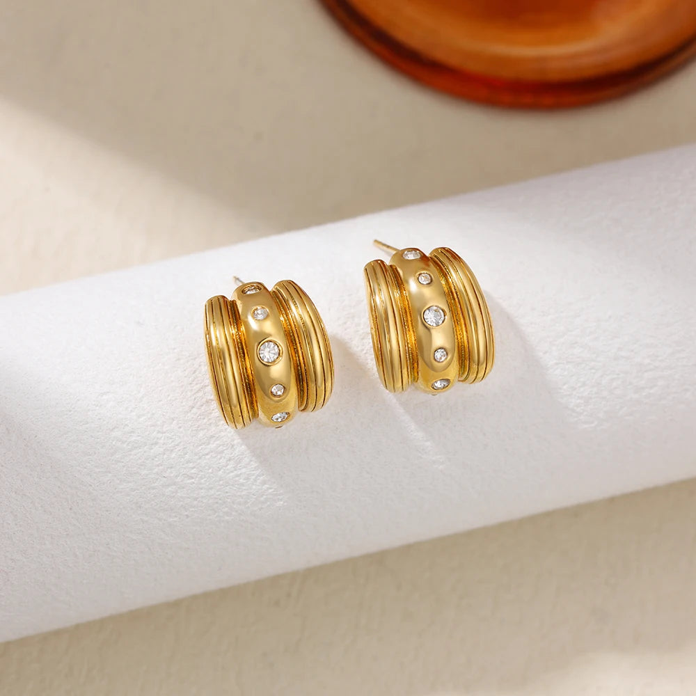 Striped Triple-Layer Arch Zircon Huggie Earrings