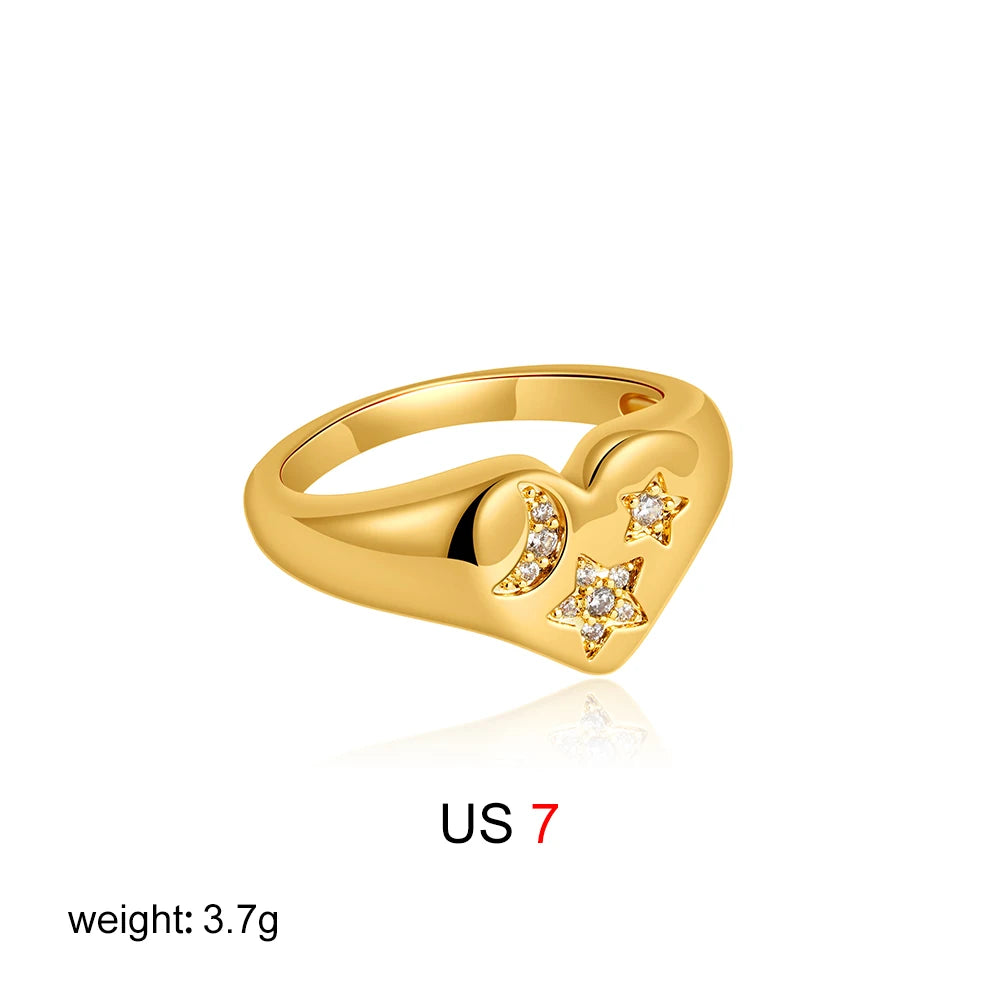 Zircon Inlaid Star & Moon Heart Ring
