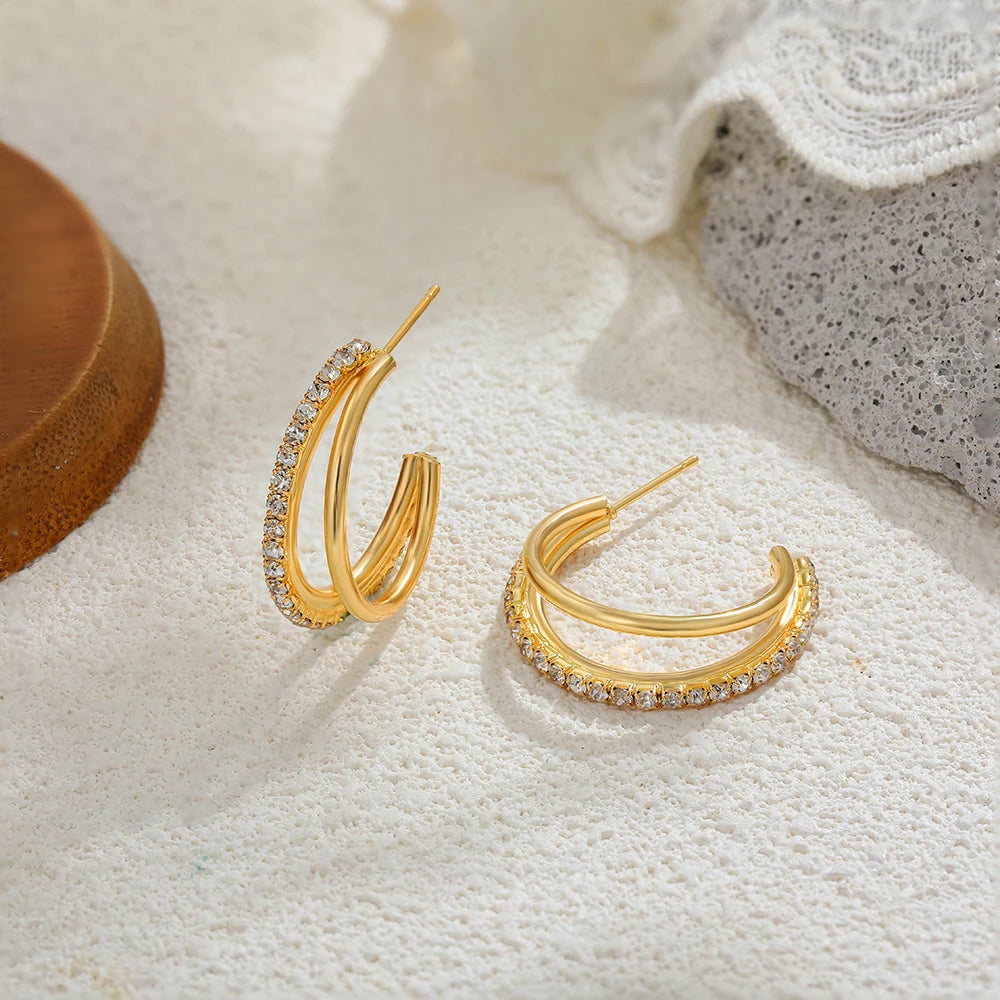 Gold Plated Double-Layer Cubic Zirconia Hoop Earrings