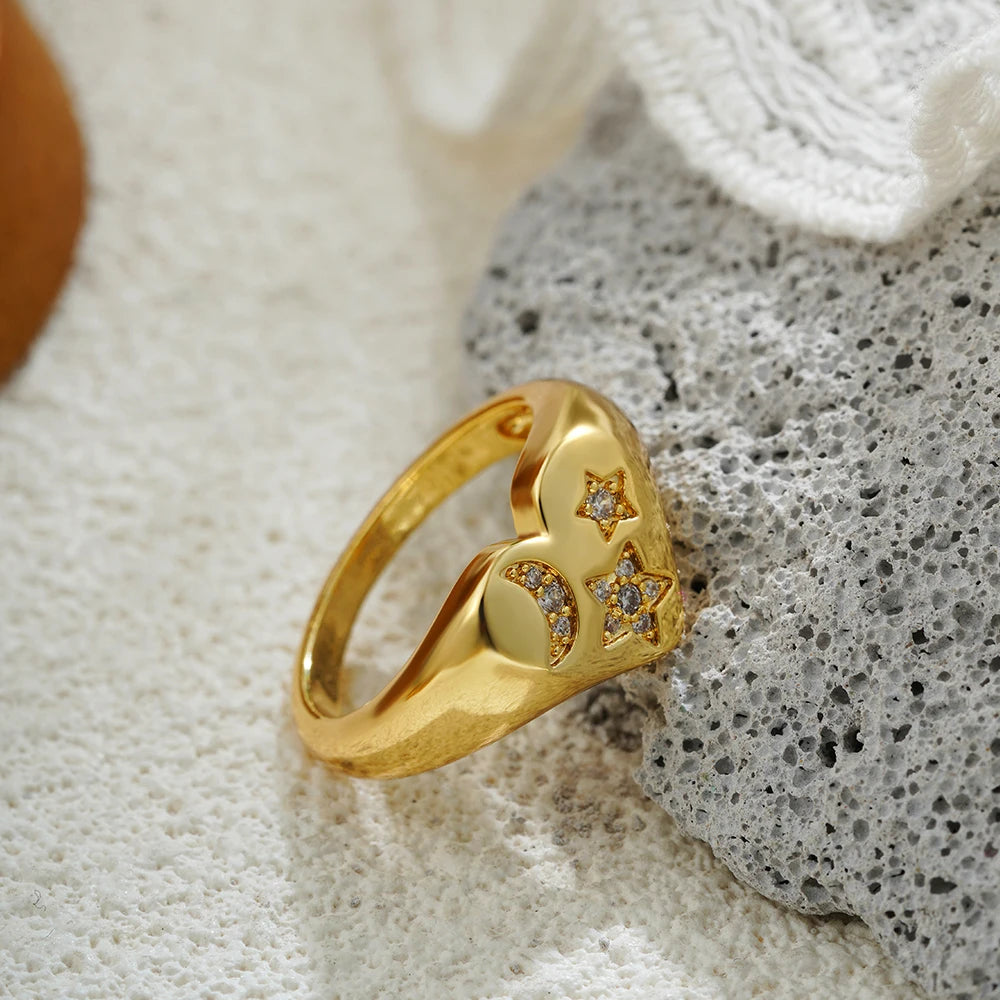 Zircon Inlaid Star & Moon Heart Ring
