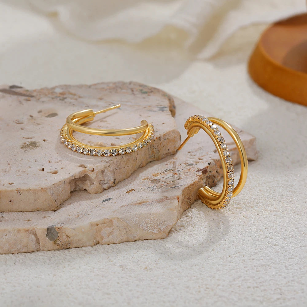 Gold Plated Double-Layer Cubic Zirconia Hoop Earrings