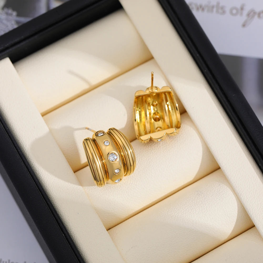 Striped Triple-Layer Arch Zircon Huggie Earrings