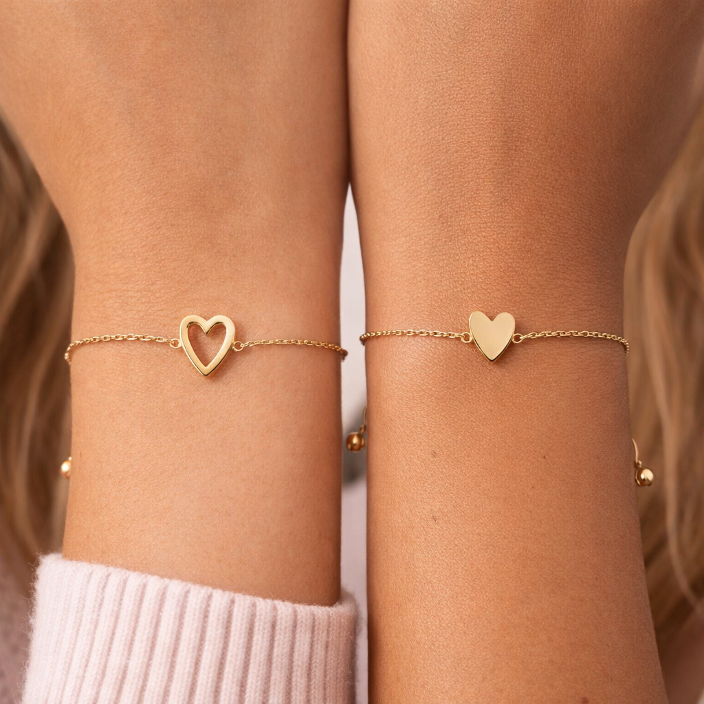 14K Gold Plated Matching Heart Charm Bracelet Set for Women
