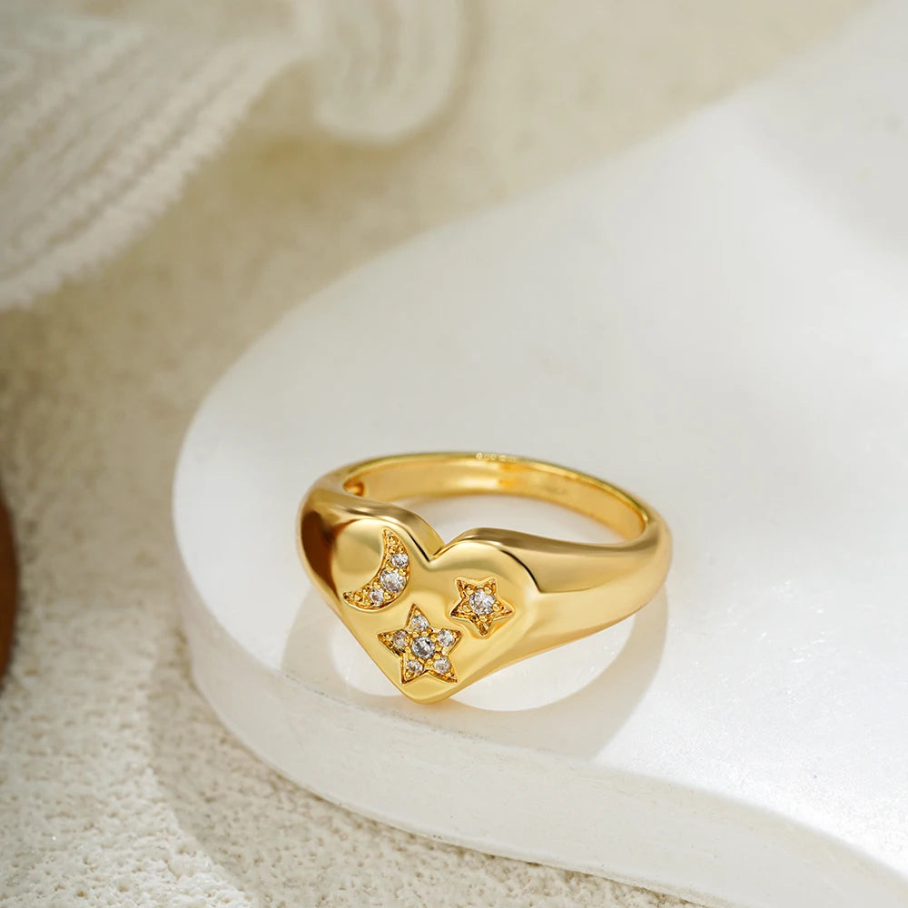 Zircon Inlaid Star & Moon Heart Ring
