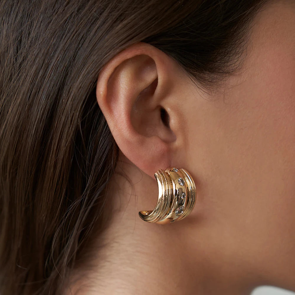 Striped Triple-Layer Arch Zircon Huggie Earrings