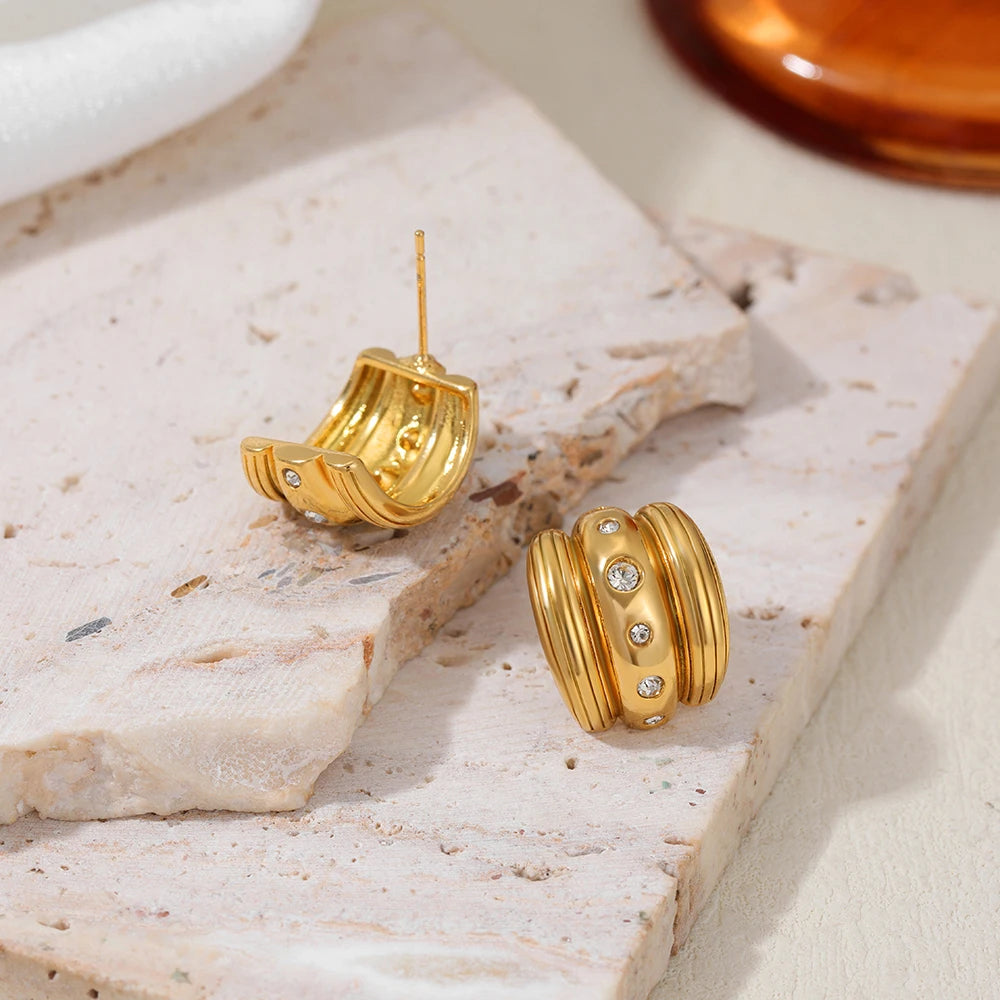 Striped Triple-Layer Arch Zircon Huggie Earrings