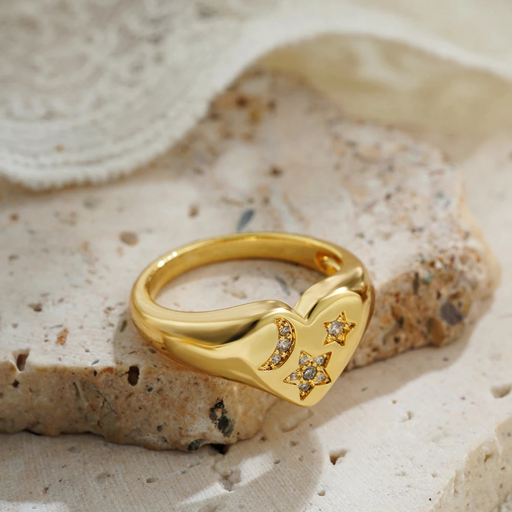 Zircon Inlaid Star & Moon Heart Ring