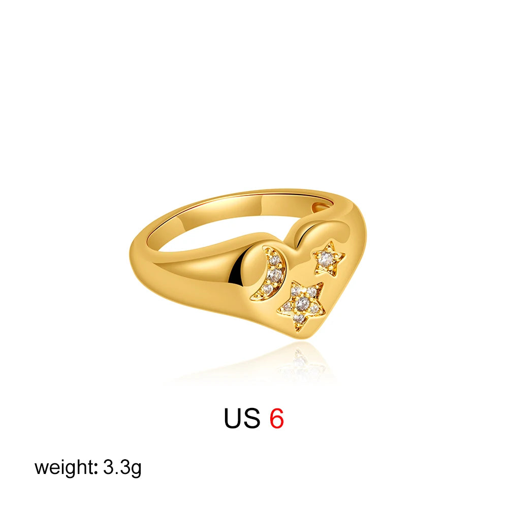 Zircon Inlaid Star & Moon Heart Ring