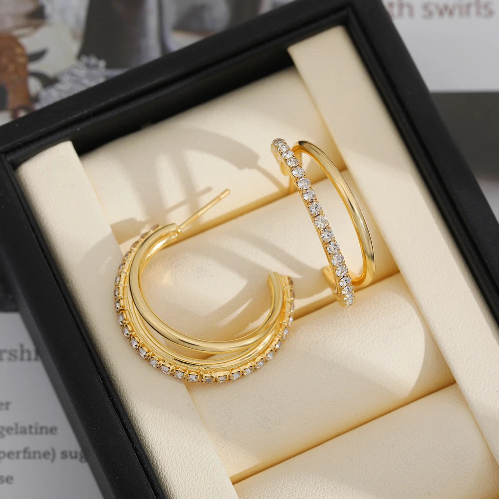 Gold Plated Double-Layer Cubic Zirconia Hoop Earrings