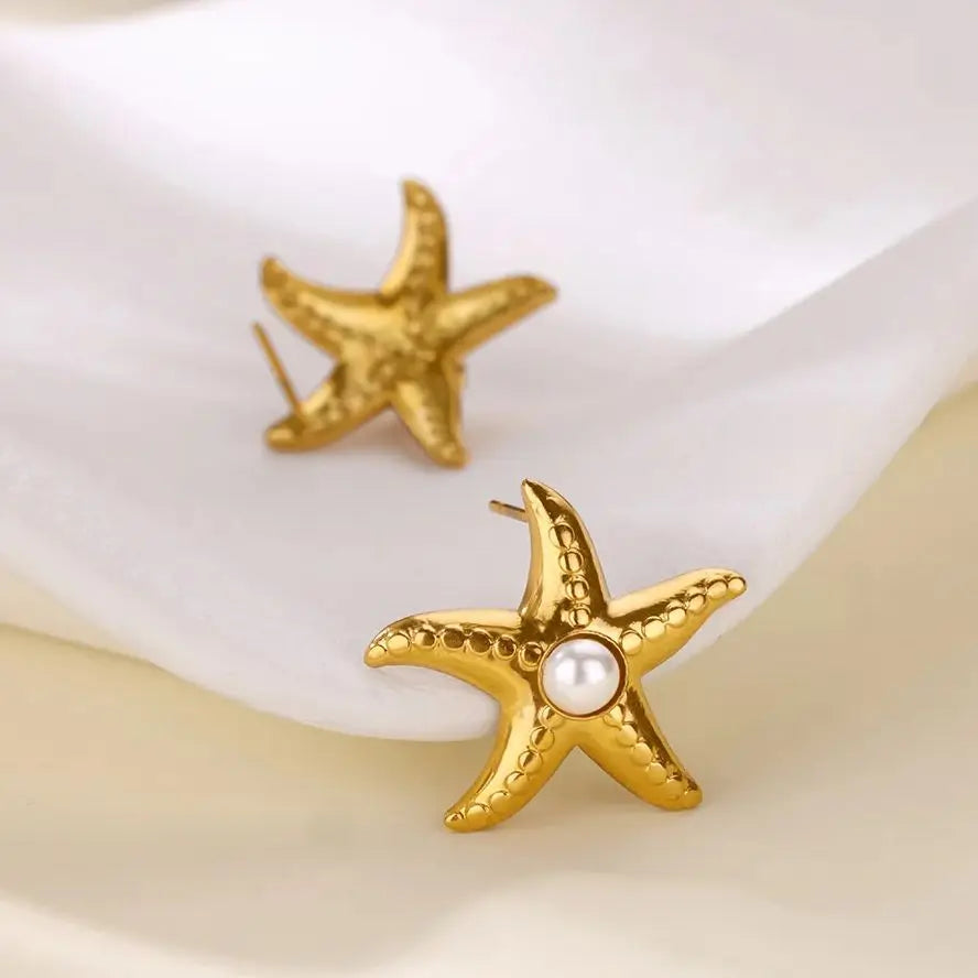 Gold Plated Starfish Pearl Stud Earrings