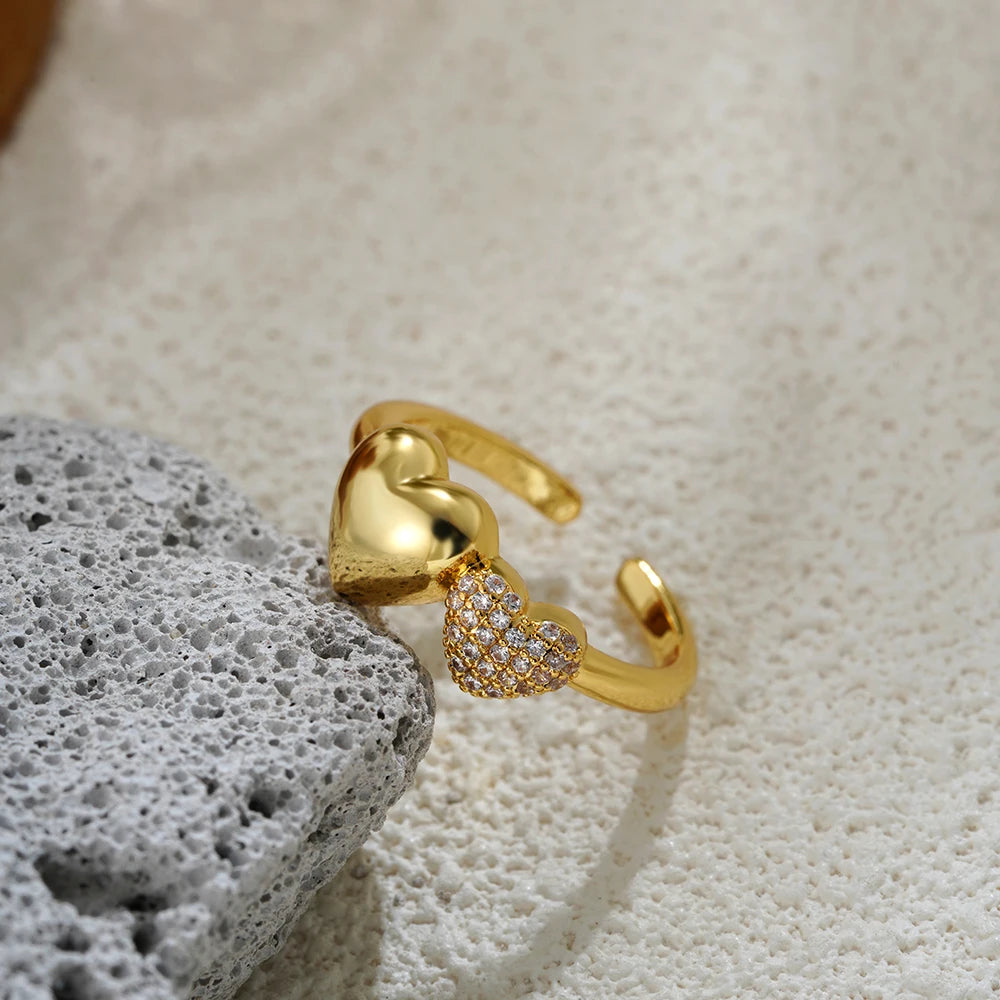 Double Heart Sparkling 18K Gold Plated Ring