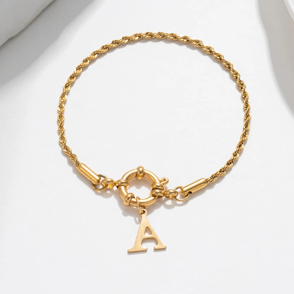 Twist Rope Chain Stainless Steel Bracelet – 4mm A–Z Letter Charm